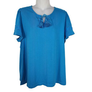 Chico's Top Womens Size 2 Large Eyelet Trim Tassel Ties Split Neck Short Sleeve